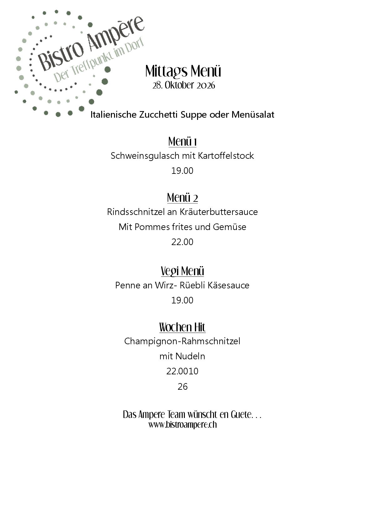 Tagesmenü Mittwoch