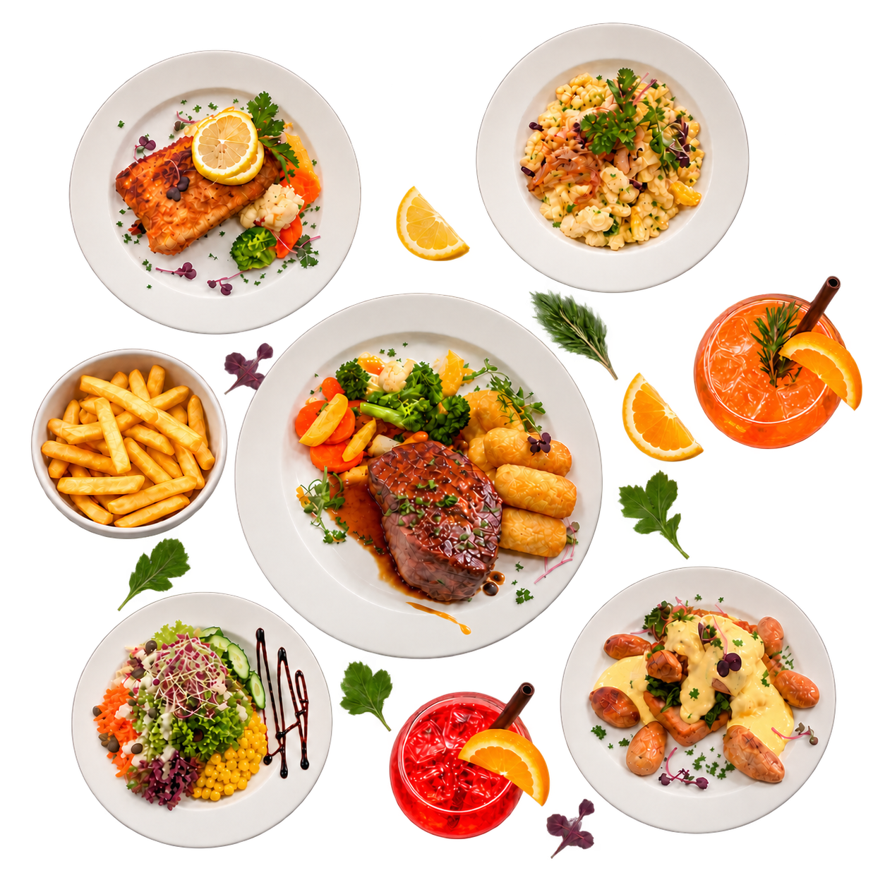 Speisen und Getränke im Bistro Ampère Auswahl an Gerichten und Getränken im Bistro Ampère: Steak mit Kroketten, Schnitzel, Chnöpfli, Toast mit Hollandaise, Salat, Pommes frites und zwei Aperitifs